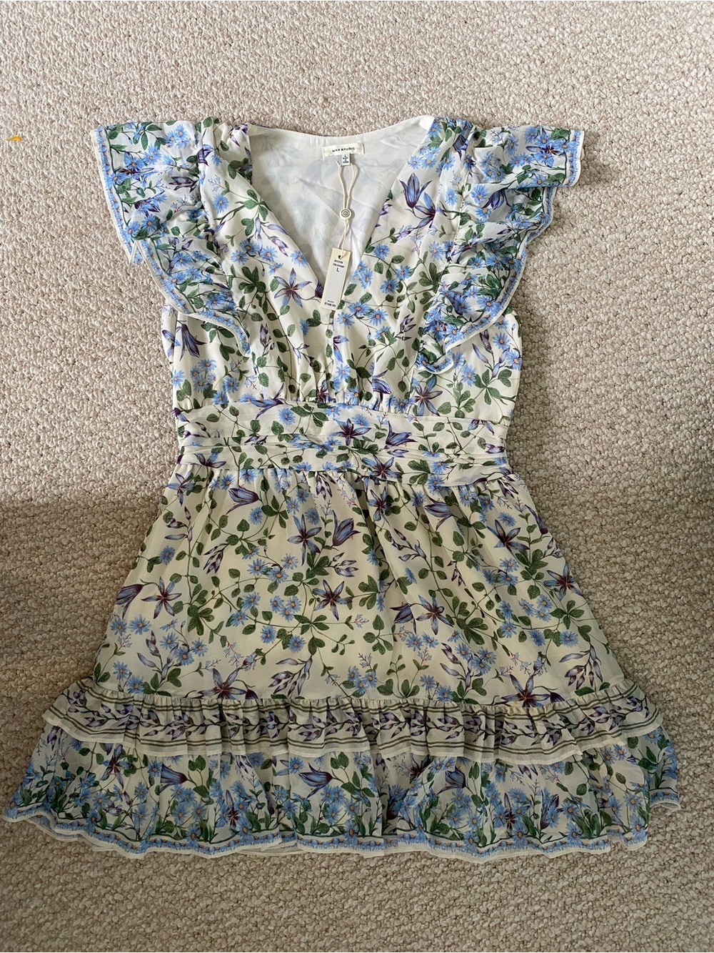 Max Studio Cream Floral Mini Dress with Blue and Green Print